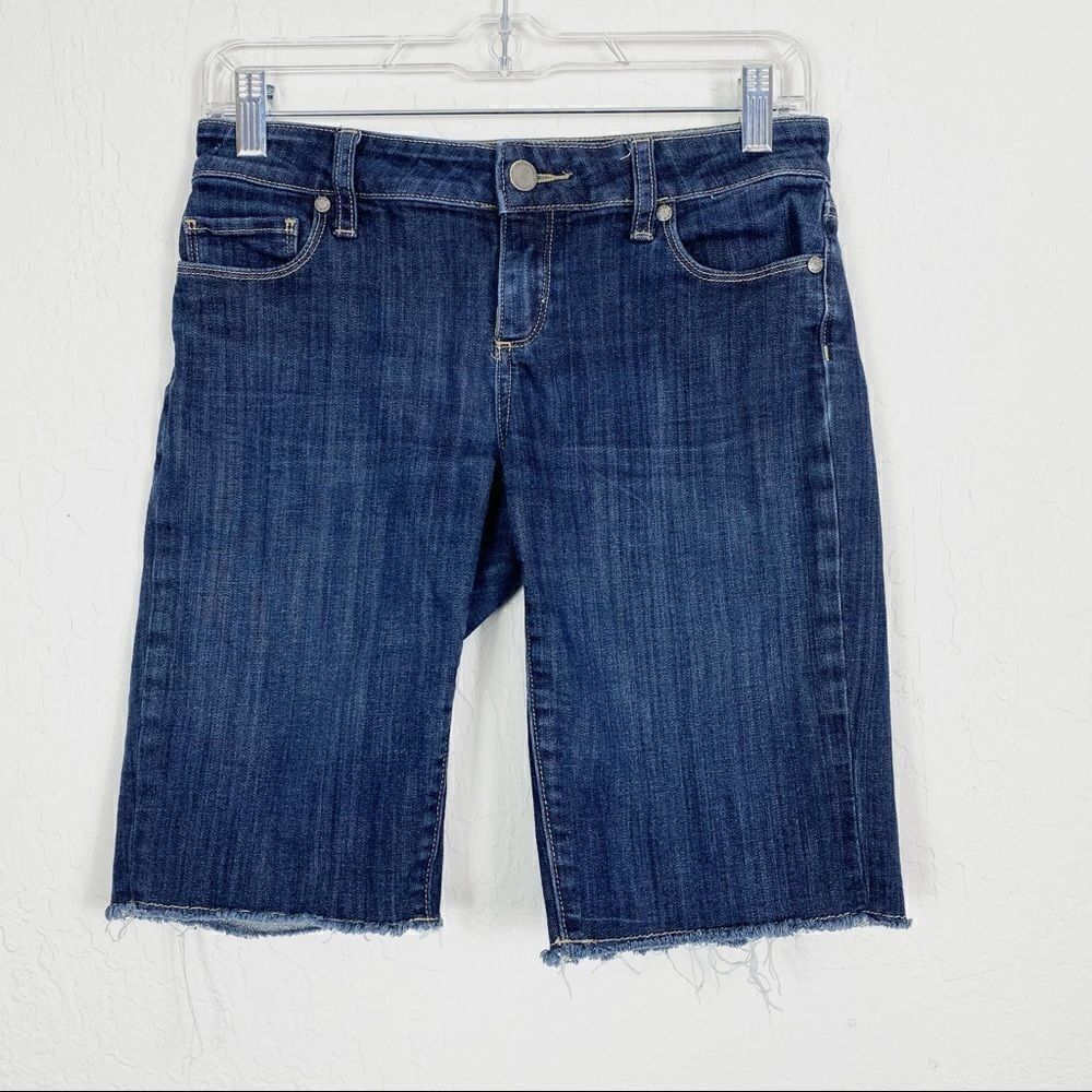 Paige Dark Wash Raw Hem Low Rise Bermuda Shorts